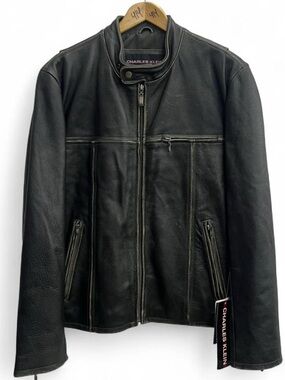 Mens Charles Klein Black Distressed Biker Leather Jacket size Small